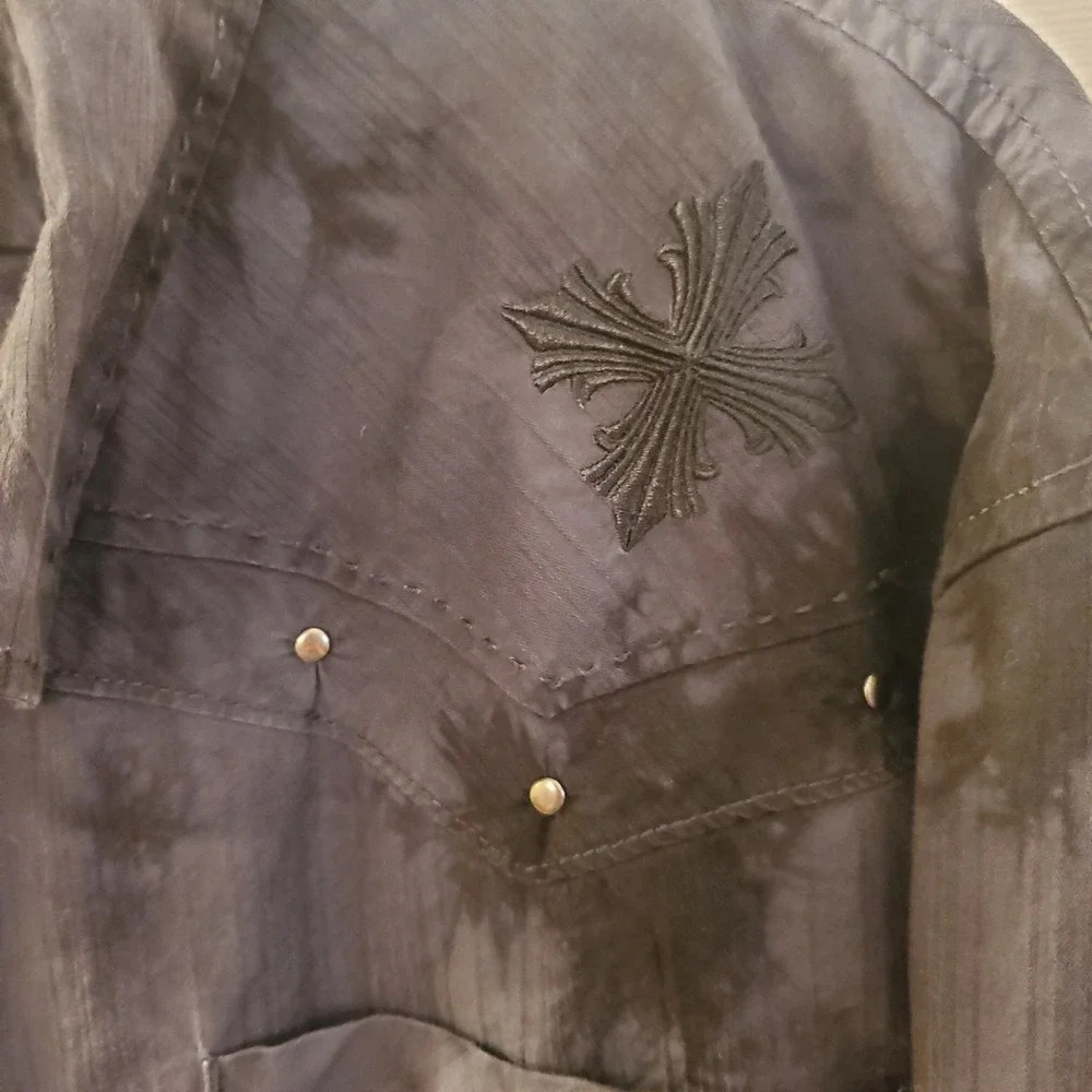 Affliction Gray/blk 2X Lng Slv Embroidery‎ ButtnUp Shirt Studs Goth Grunge Biker